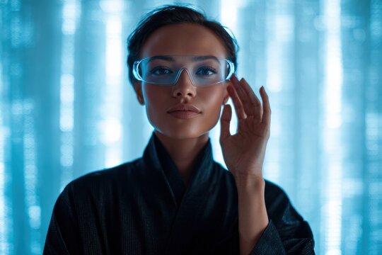 Futuristic vision: young asian woman with transparent glasses in blue light