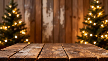 Wooden table in front of Christmas trees with warm lights