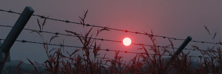 Serene sunset behind barbed wire fence and tall grass