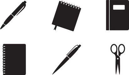 Black Silhouette Icons of Pens, Notebooks, and Scissors on a White Background notepad writing tool