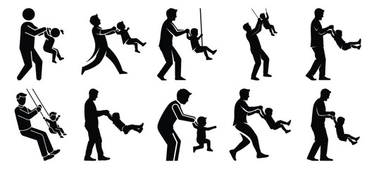 dad swinging child icon set, black color and white background