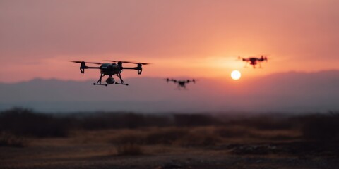 Silhouetted drones hovering at sunset in open landscape