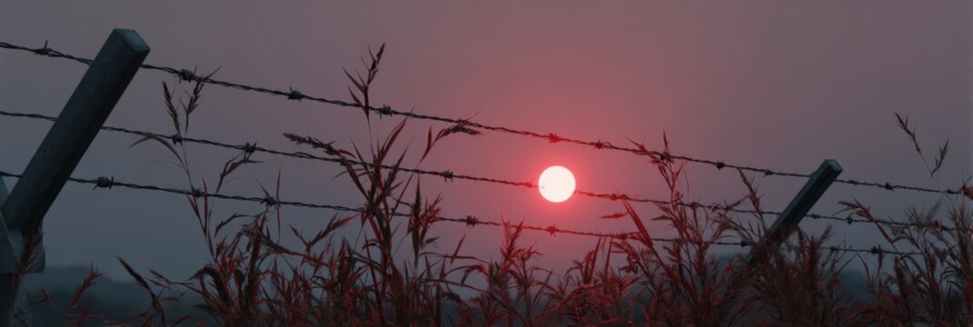 Serene sunset behind barbed wire fence and tall grass - Powered by Adobe