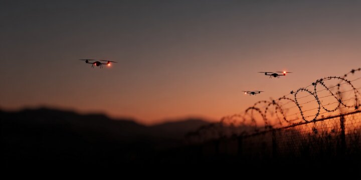 Drones flying at sunset above barbed wire fence with mountains in background - Powered by Adobe