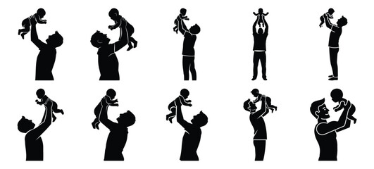 father lifting baby icon set, black color and white background
