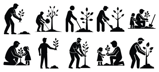 father planting tree icon set, black color and white background