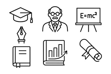 Education icons set: science, graduation, and academic symbols in linear style