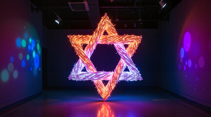 Glowing Star of David installation in dark gallery, symbolic artistry -