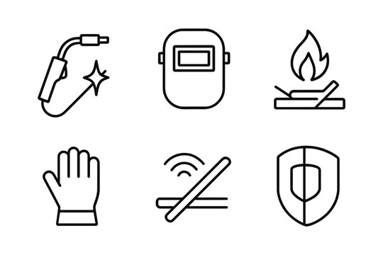Welding equipment icons: safety gear, tools, and symbols in a linear style