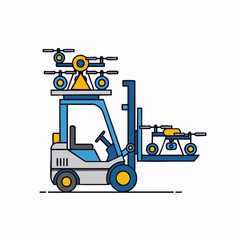 Forklift transporting modern delivery drones for logistics operations.
