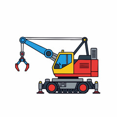 Colorful industrial mobile crane with a grapple claw illustration.