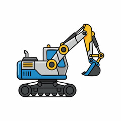 Detailed illustration of a blue and gray excavator machine.