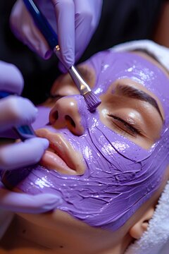 A woman lies comfortably as a facial treatment is applied. A beauty expert uses a brush to spread the purple mask evenly across her face. The atmosphere is serene and peaceful