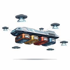 Futuristic flying cargo transport ship with drone escort.