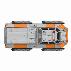 Detailed top view of a futuristic orange and grey vehicle.