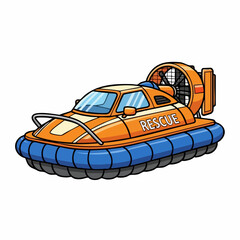 Orange rescue hovercraft with blue inflatable skirt and fan for water rescue.