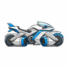 Futuristic white and blue motorcycle with jet engine design for high speed travel.