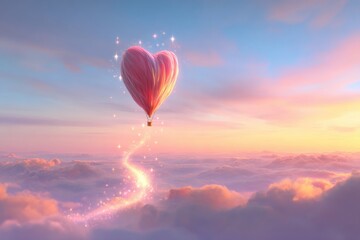Fototapeta premium Love's Ascent: A heart-shaped hot air balloon floats gracefully through a serene sky.