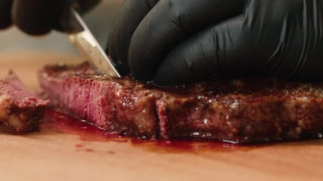 Beef angus steak in restaurant, close up Pieces of hot ribeye steak served on the wooden board. Medium steak slices with blood, salt and pepper in fancy meat cafe. 