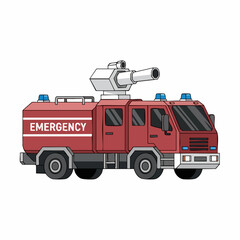Red emergency fire truck with water cannon illustration.