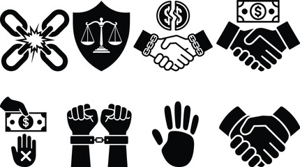 Law, justice, crime, human rights, finance, business icon set