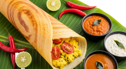 Delicious masala dosa with sambar chutney and red chilies isolated on transparent background