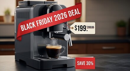 Black Friday 2026 deal on a stylish espresso machine for home brewing, enjoy 30% savings on your next cup of coffee today