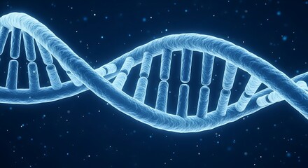 Close up of a glowing blue dna double helix structure in dark space