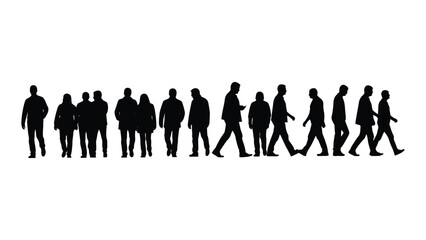 Diverse group of people walking silhouettes isolated on white background, Vector