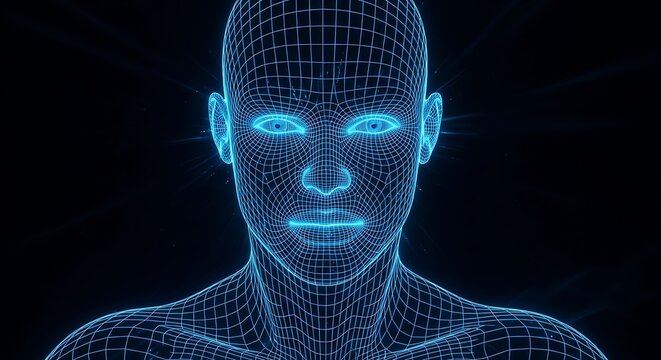 Futuristic blue digital human head wireframe with glowing eyes on black background