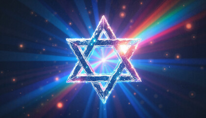 Prismatic Star of David refracting rainbow beams on deep blue backdrop, symbolism of unity