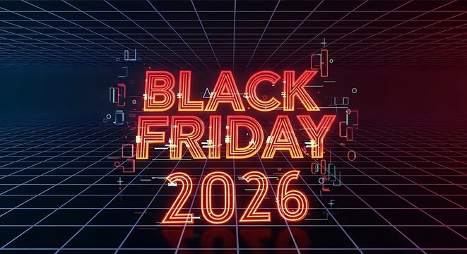 Get ready for Black Friday 2026 with this vibrant, futuristic neon design perfect for advertising and promotions in the digital age