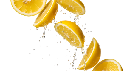 Lemon Slices with Water Droplets Falling on Black Background