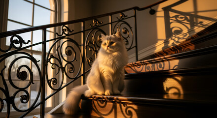 Majestic White Cat Sitting on a Grand Staircase with Sunset Sunlight and Shadows