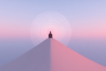 Solitude on Peak: A solitary figure, sits atop a mountain peak, radiating tranquility and introspection, bathed in a soft pastel gradient sky.