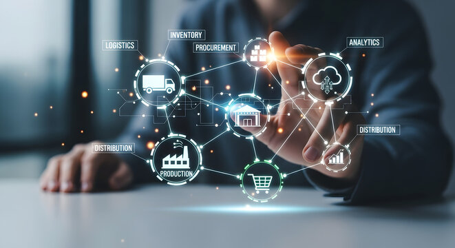 Supply Chain Management Interface with Real Hand and Modern Icons