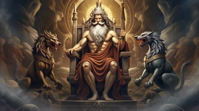 Epic Greek god Hades on his throne in the underworld with Cerberus, the three-headed hellhound, in a dramatic mythological scene.