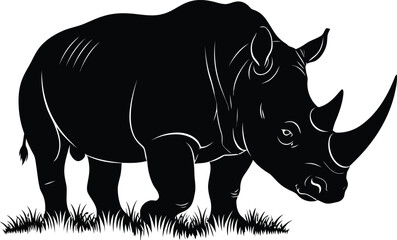 Black and white silhouette of a rhinoceros in a field of grass