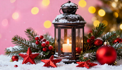 Lantern with candle surrounded by Christmas decorations in snow