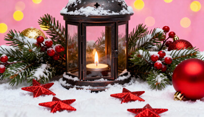 Lantern with candle surrounded by Christmas decorations in snow