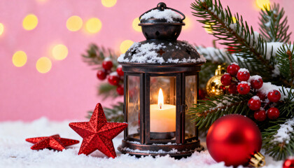 Lantern with candle surrounded by Christmas decorations in snow