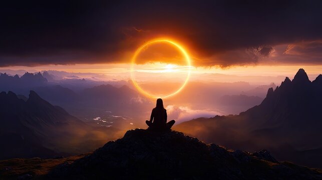 A lone figure sits in a meditative pose atop a rocky peak, silhouetted against a vibrant, fiery sky. A dramatic solar eclipse forms a glowing ring of light abov