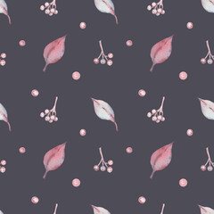 Watercolor seamless pattern with leaves and berries. Print with pink and purple leaves and pink-purple berries. Black chokeberry, rowan berries. Design for wrapping paper, textiles.