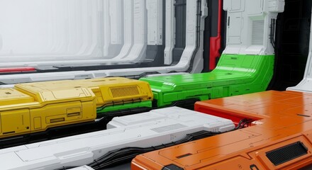 A close-up view of colorful, organized industrial cables in a futuristic, high-tech environment.