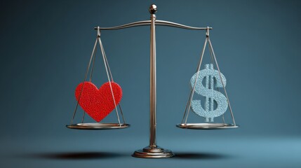 A visual representation of a balance scale weighing a heart against a dollar sign, symbolizing the conflict between love and money.