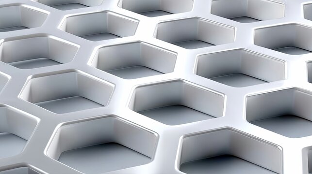 A close-up, abstract view of a metallic silver hexagonal grid pattern with a clean, modern aesthetic and soft lighting.