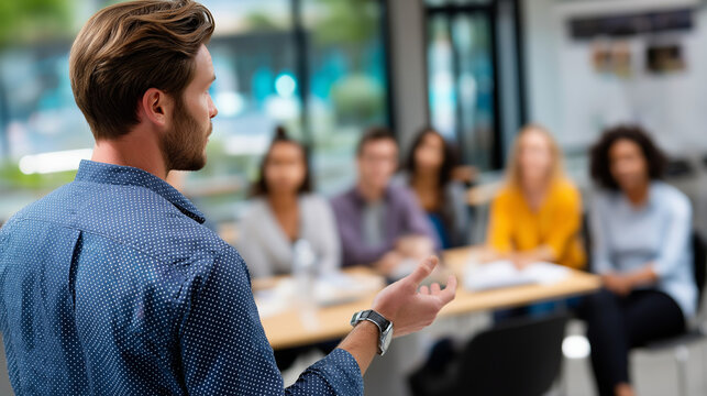 Defocused educator presenting while sharp detailed group of learners focused on training session stay clear, with copy space