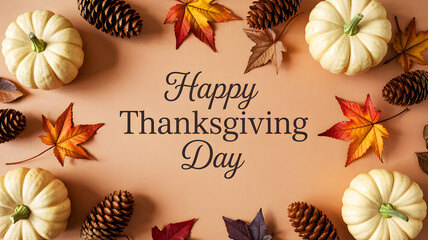 Happy thanksgiving day text with pumpkins, autumn leaves and pine cones on a beige background pattern design