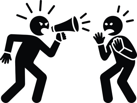 Angry person yelling megaphone at distressed stick figure icon