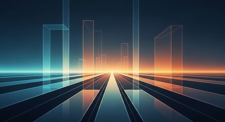 Futuristic digital landscape with glowing translucent structures along a reflective path toward a bright horizon.